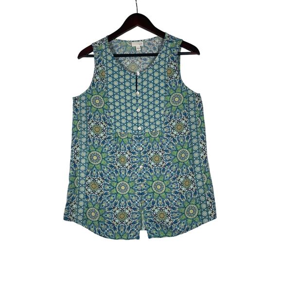 J Jill Tunic Top Blue/GN Small Lotus Floral Sleeveless Button-down Resort Casual - Picture 1 of 6